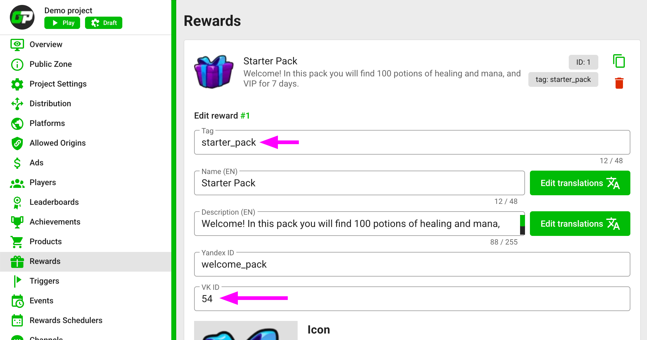 VKontakte bonus setup