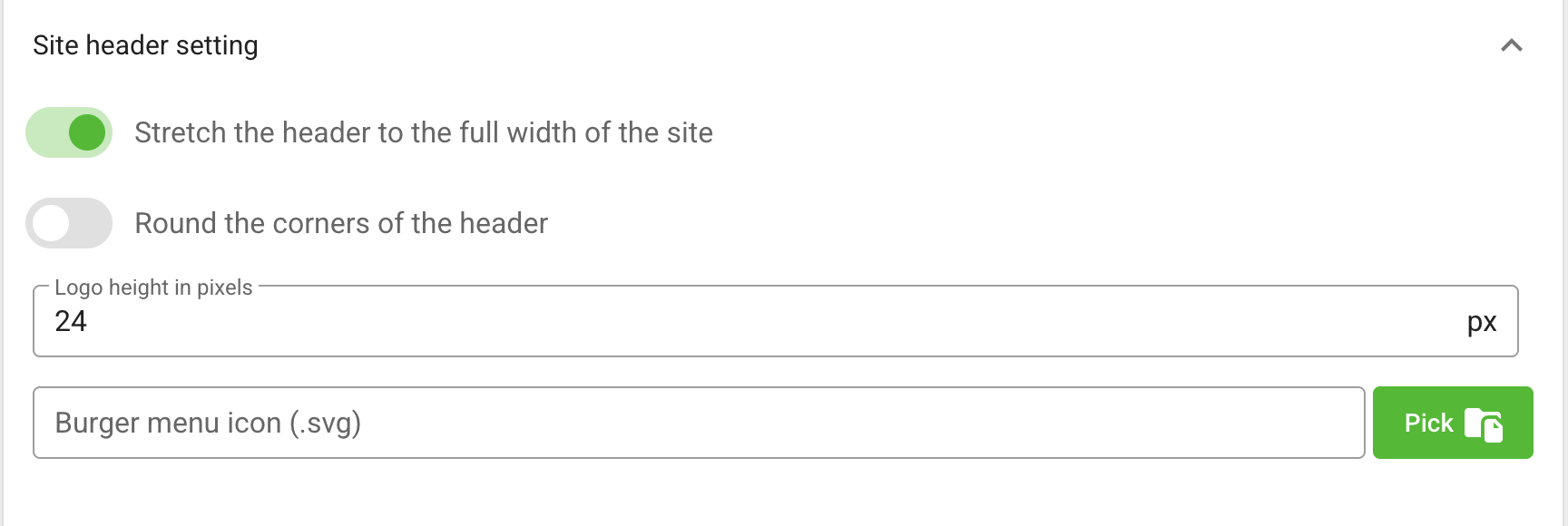 Header width, corner radius, logo height, and burger-menu icon settings