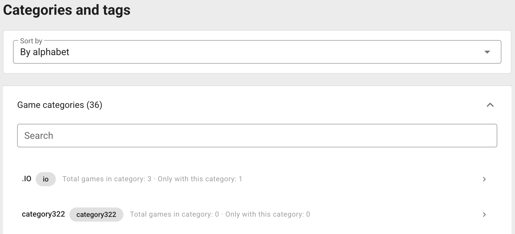 Game categories with search, sorting, and game counts