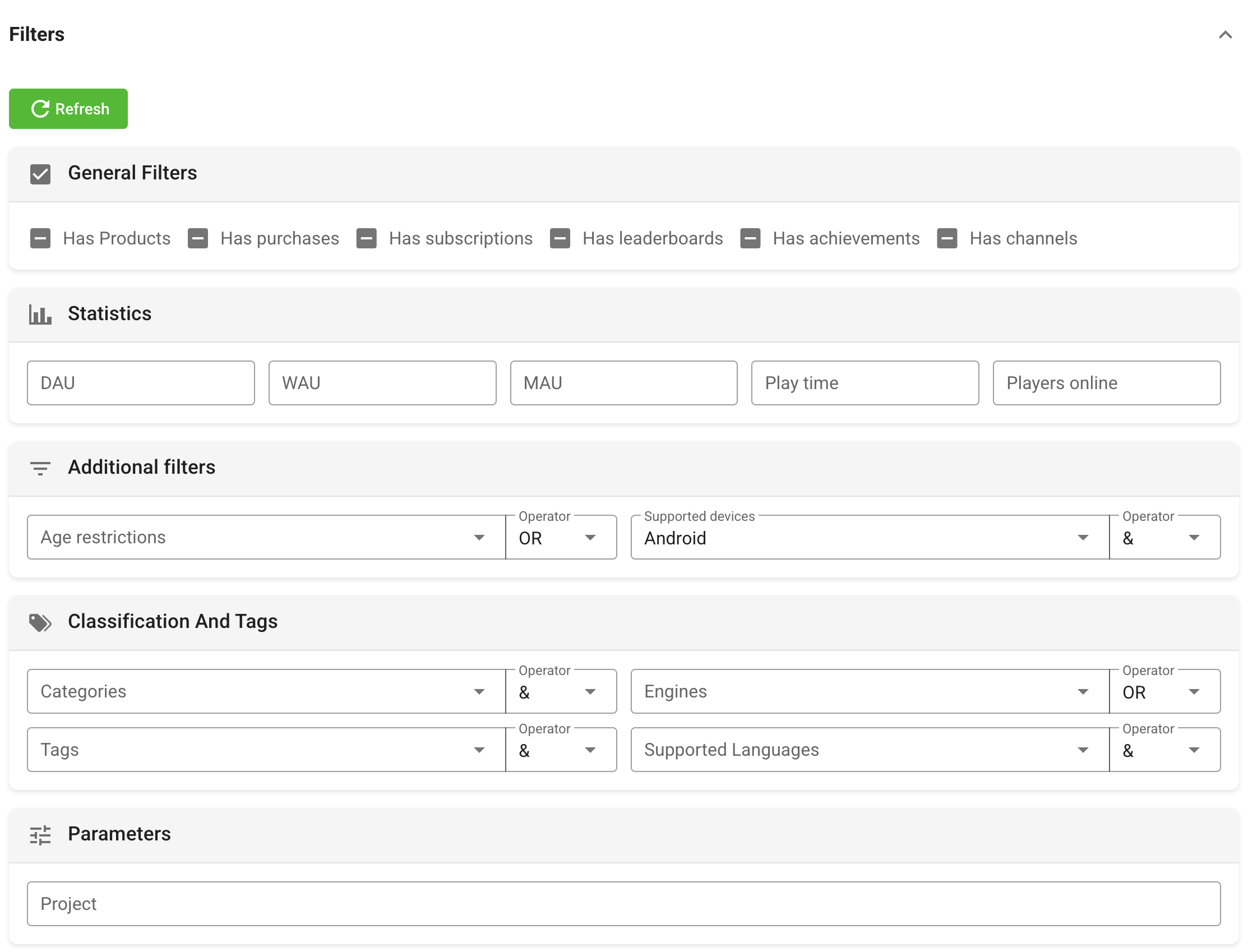 Collection filters for features, statistics, devices, classification, and project