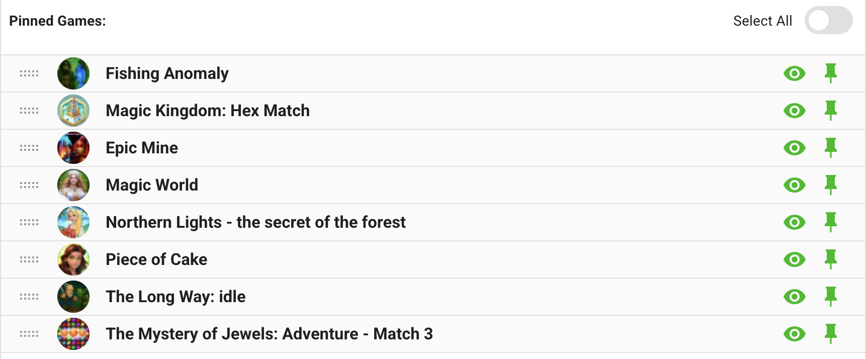 Pinned collection games with ordering, visibility, and pin controls