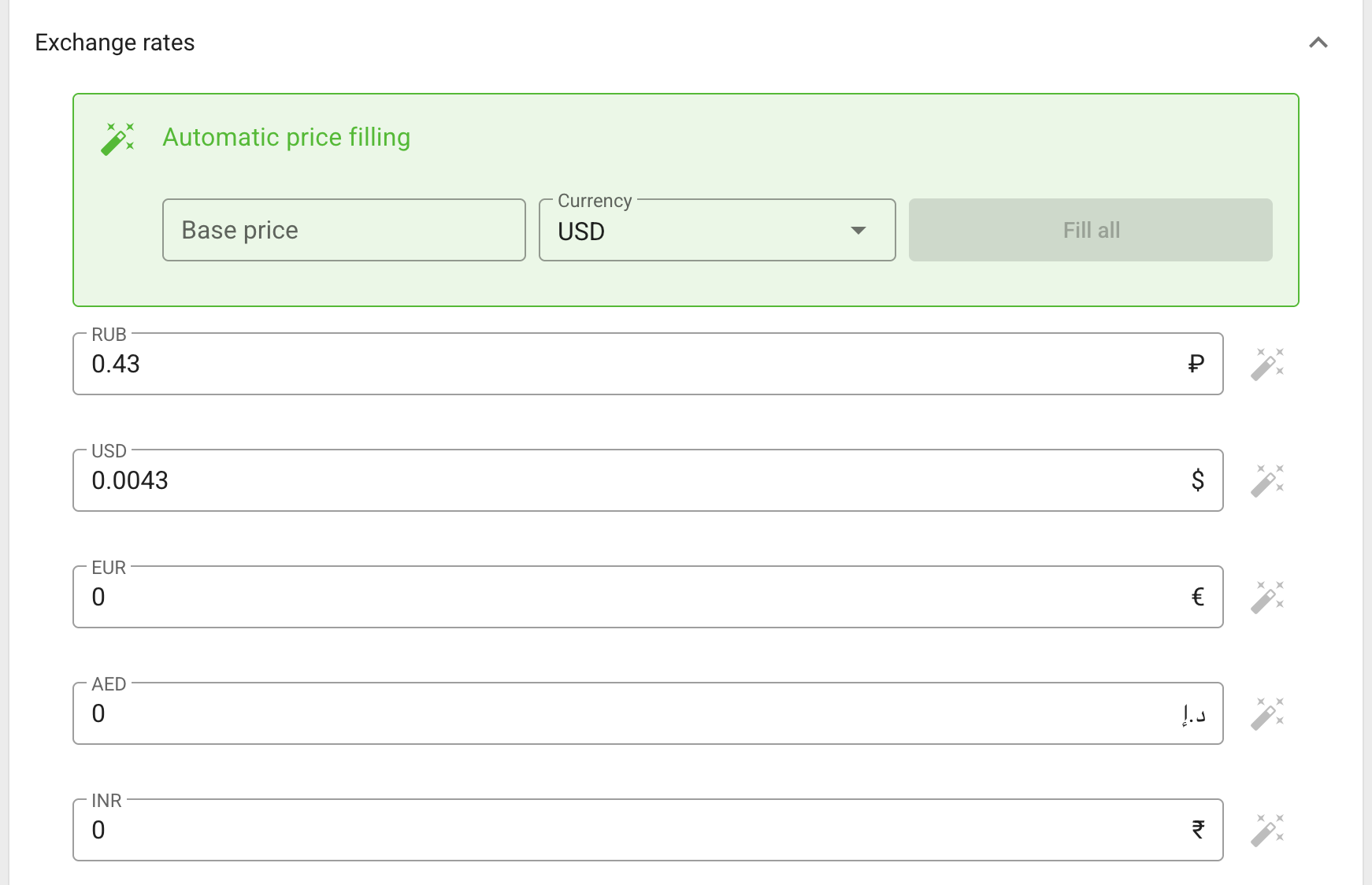 Automatic and manual currency exchange-rate settings