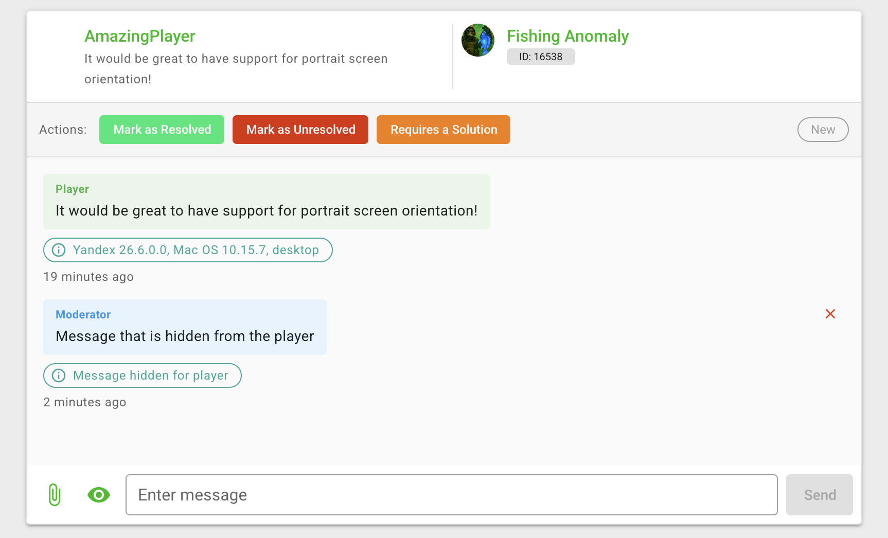 Feedback conversation, platform status controls, and an internal message hidden from the player