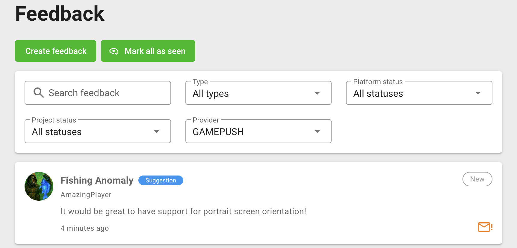 Feedback list with search, filters, and request statuses