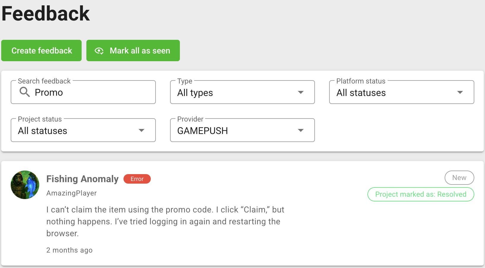 Filtered feedback result with a separate project status