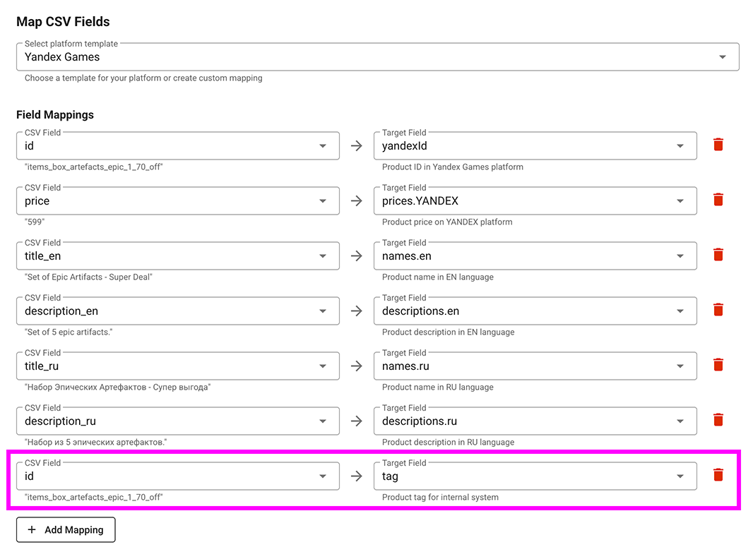 Screenshot: Adding id → tag mapping