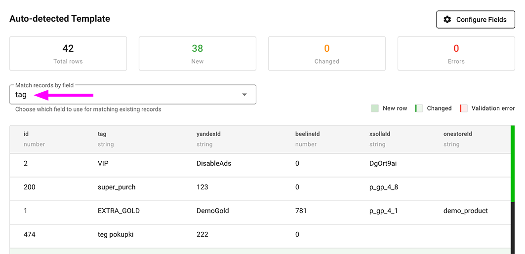 Screenshot: Selecting matching key