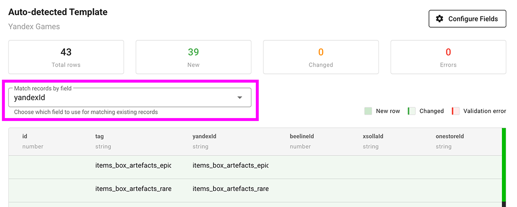 Screenshot: Selecting yandexId for matching