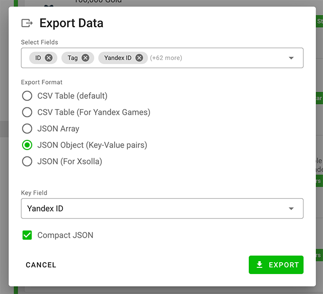 Screenshot: Export to JSON