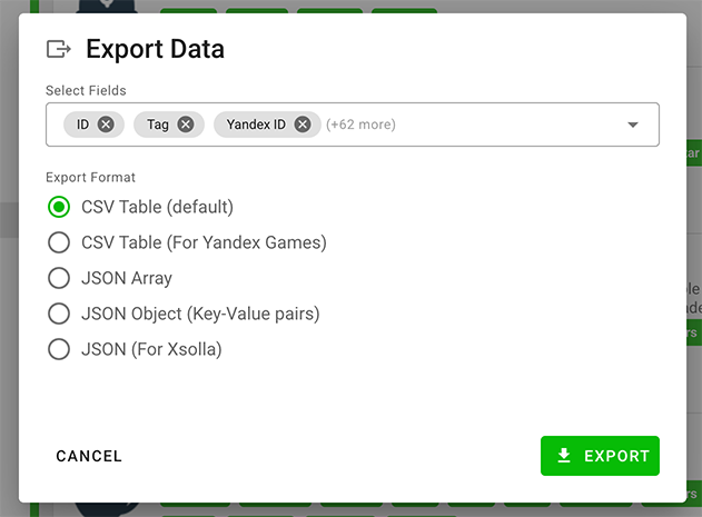 Screenshot: Export settings