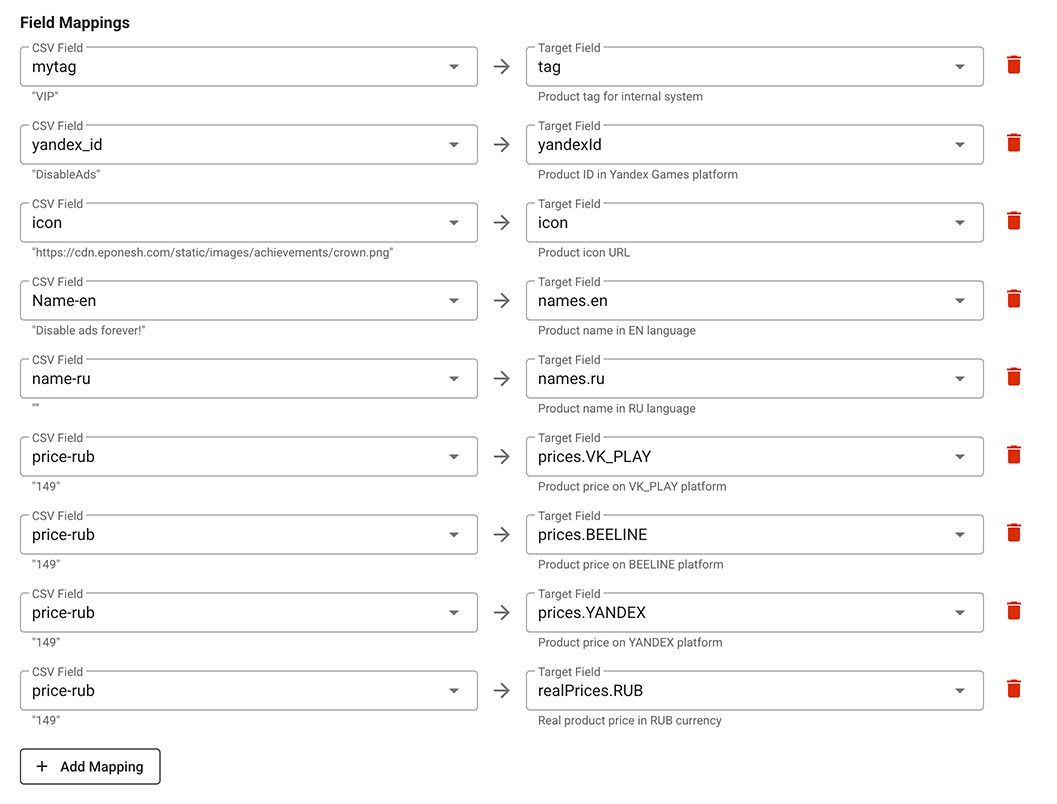 Screenshot: Configuring field mapping
