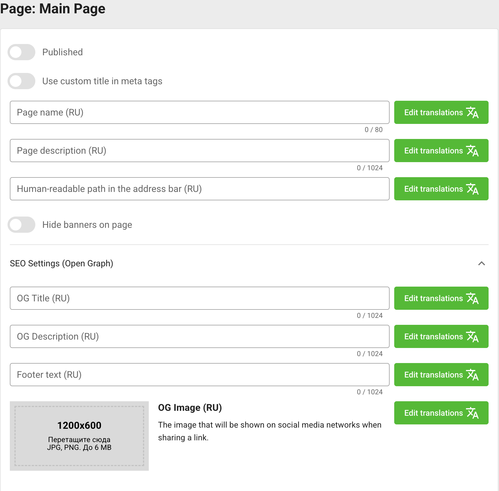 Page publication, localized content, slug, and SEO settings