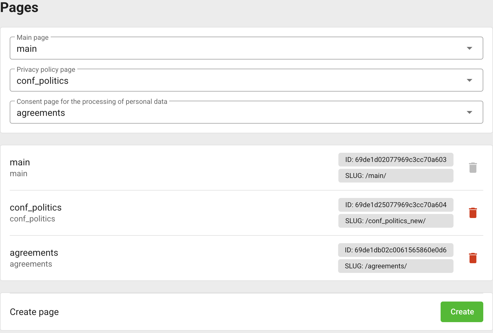 Home and legal page selectors above the page list
