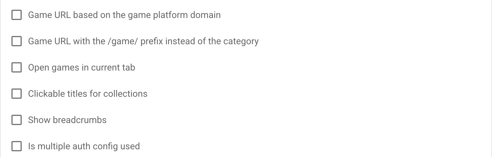 Platform site URL, navigation, and game-opening settings