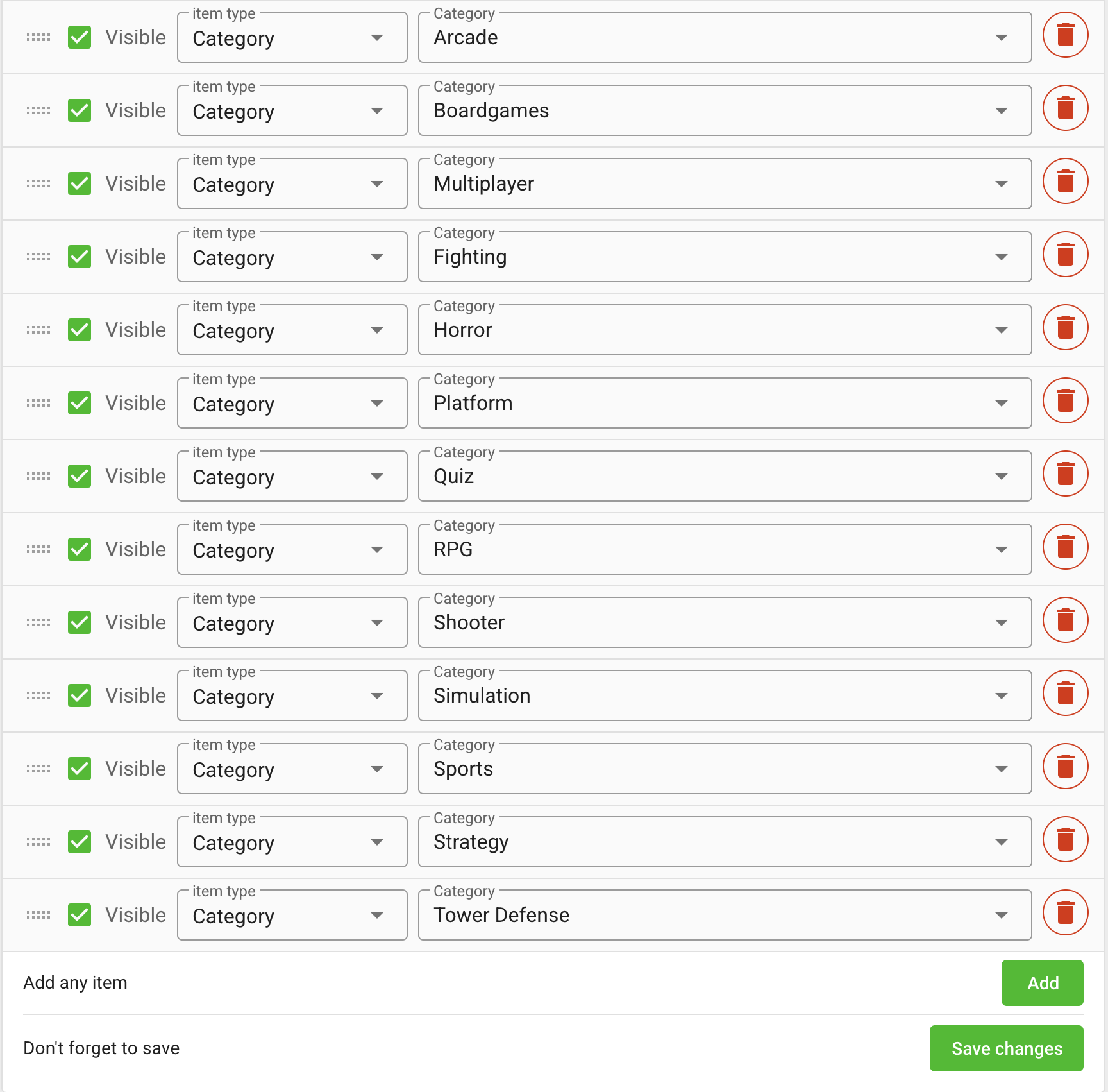 Sidebar menu items, visibility, order, and destination types