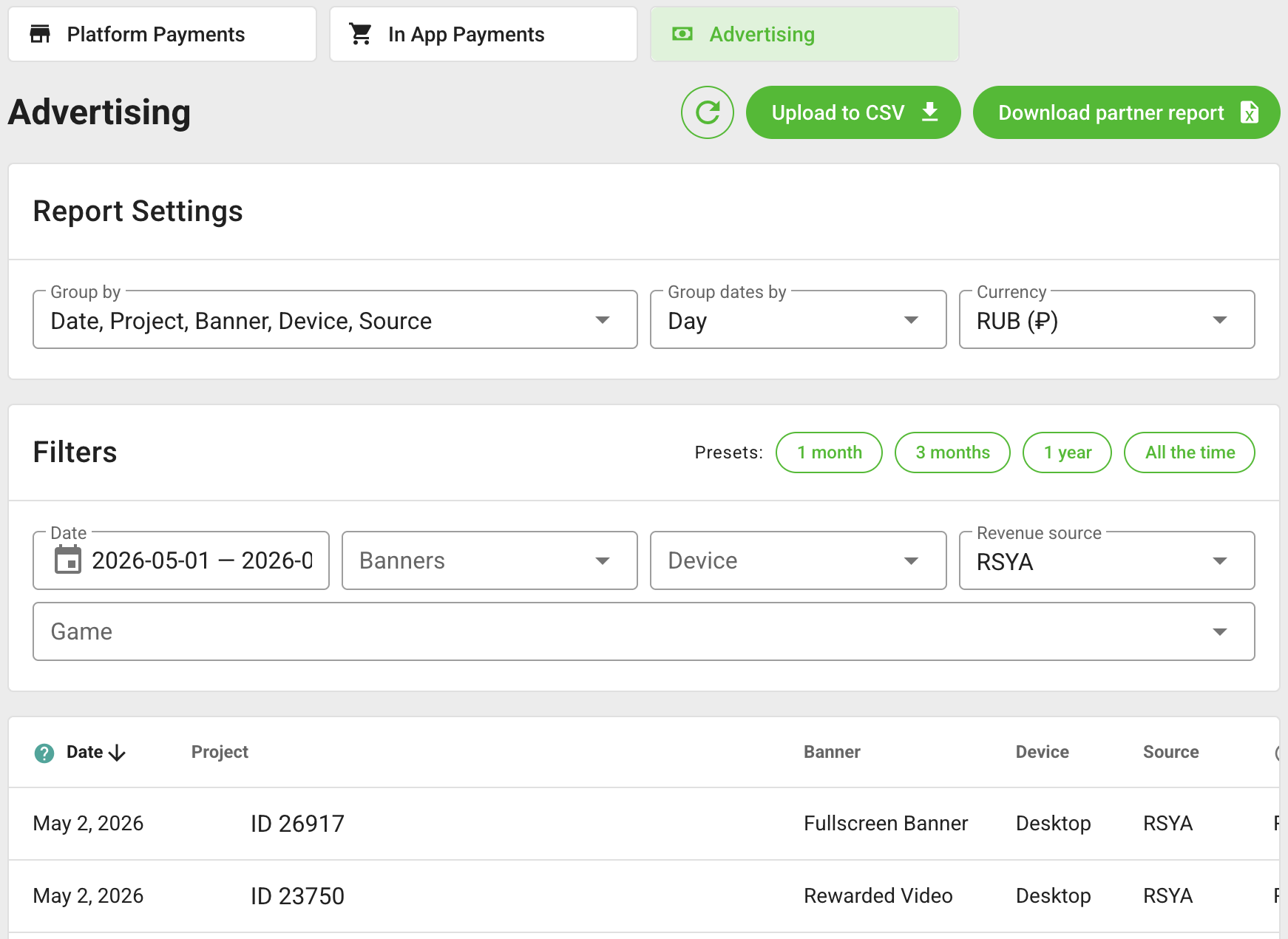 Advertising report settings, filters, and rows