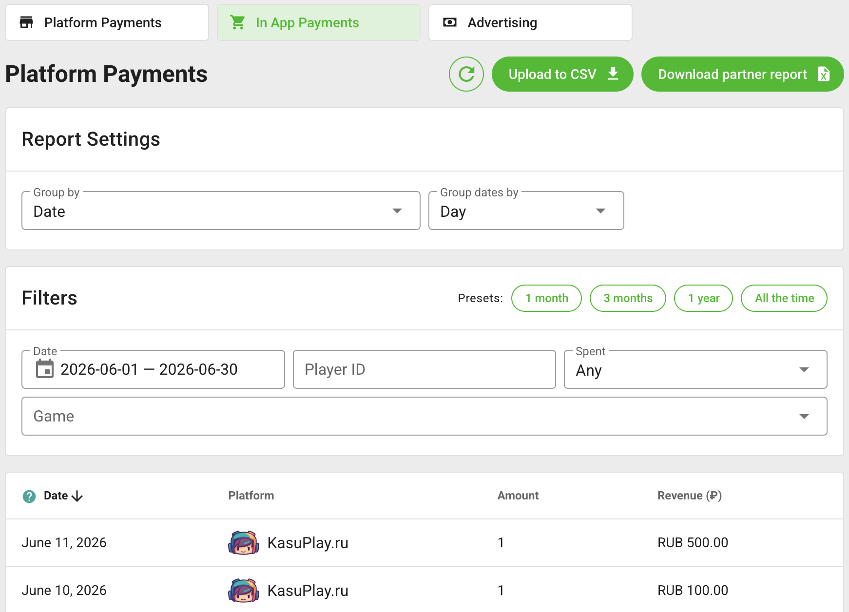 In-game payments report settings, filters, and rows