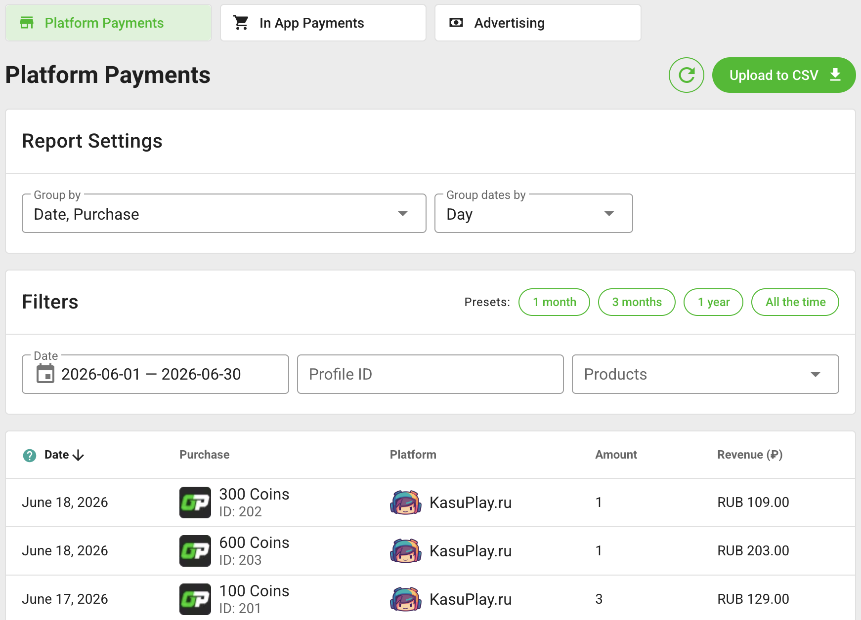 Platform payments report settings, filters, and rows