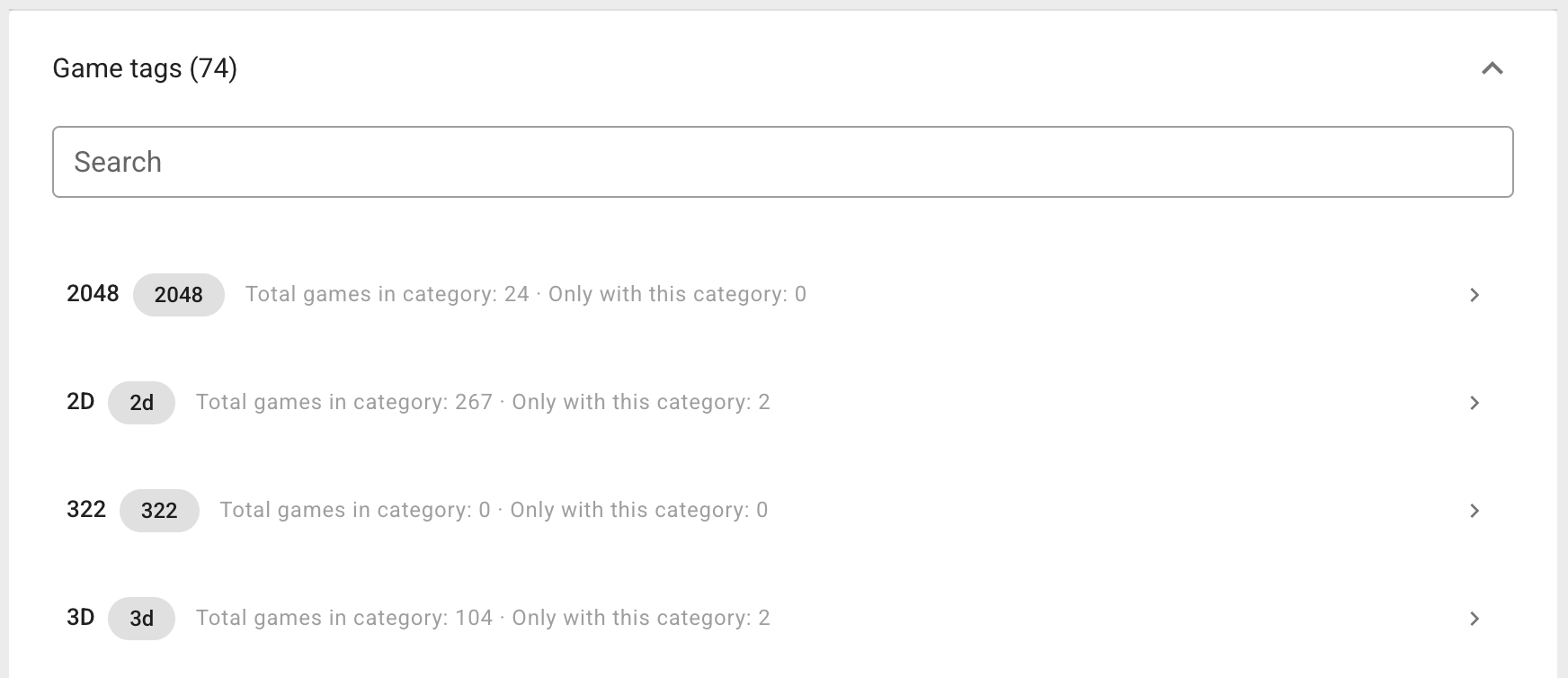 Game tags with search and game counts