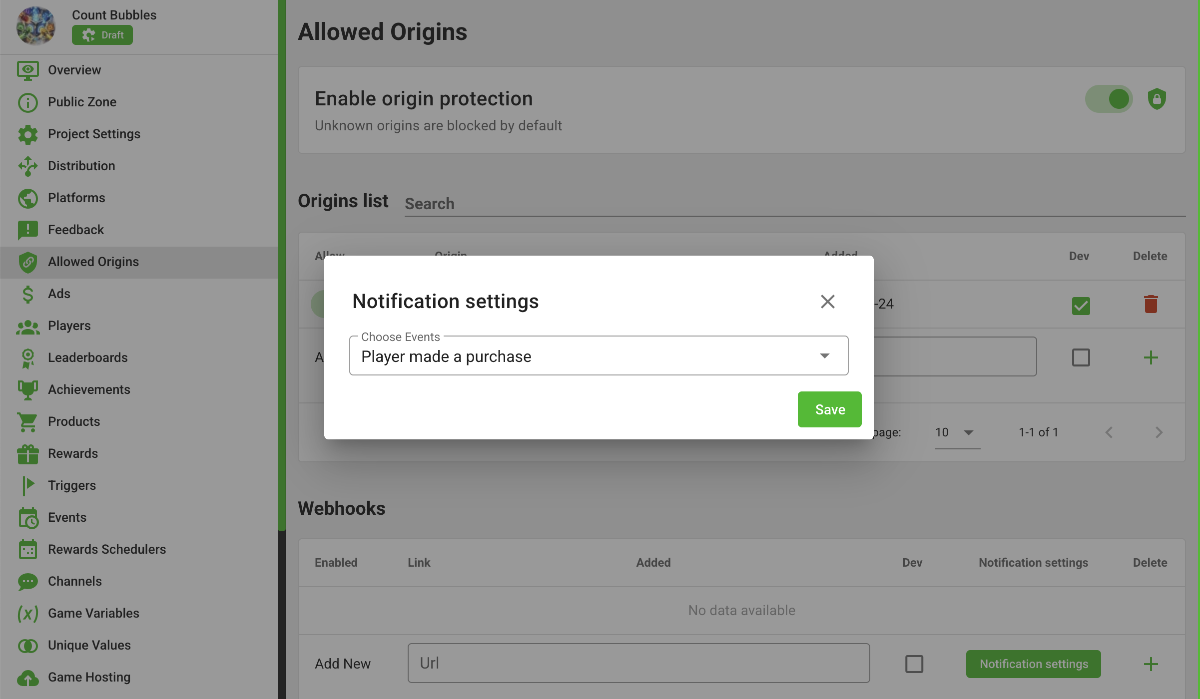 Webhook notification settings with the purchase event selected