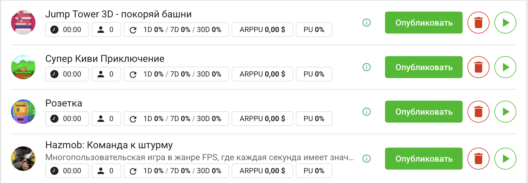 Добавленные игры и элементы управления публикацией